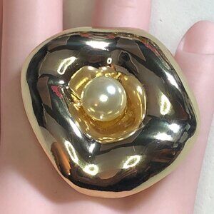 Gold Faux Pearl Statement Ring Designer Signed Camille Lucie France Sz 6 Small